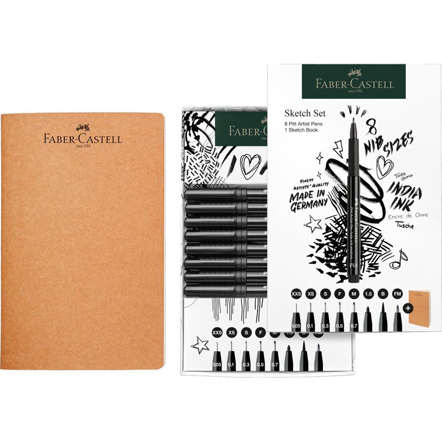 Faber-Castell - Pitt Artist Pen India ink and Sketchbook, 9-piece set